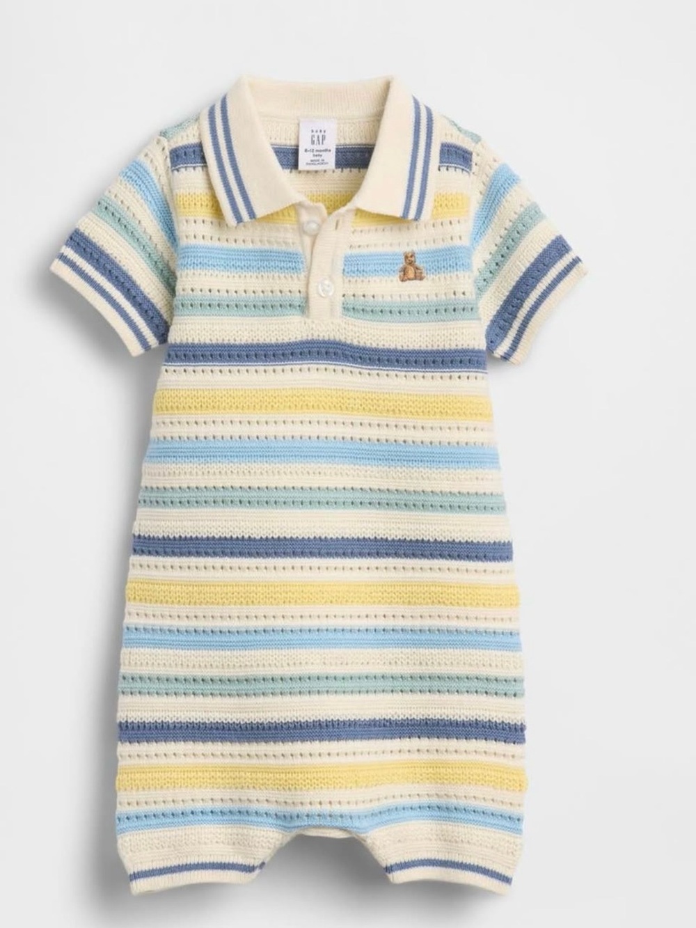 GAP Striped Knit Polo Romper - Cream, Blue & Yellow